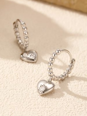Love Heart Pendant Rhinestone Earrings |Silver