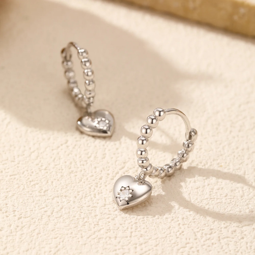Love Heart Pendant Rhinestone Earrings |Silver